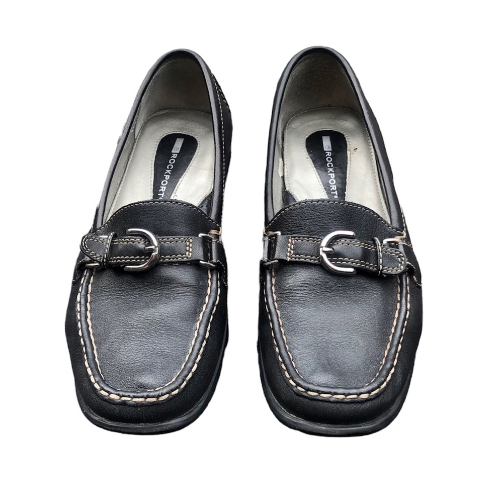 Rockport black leather square toe loafers silver buckle and white stitching. 7.5
